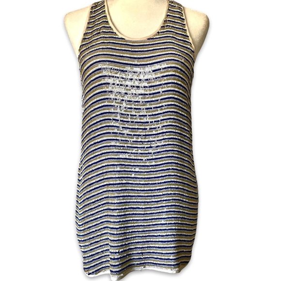 Sequined Striped Long Tank w/Silk Cream Piping Size Large by Theory - Picture 1 of 11